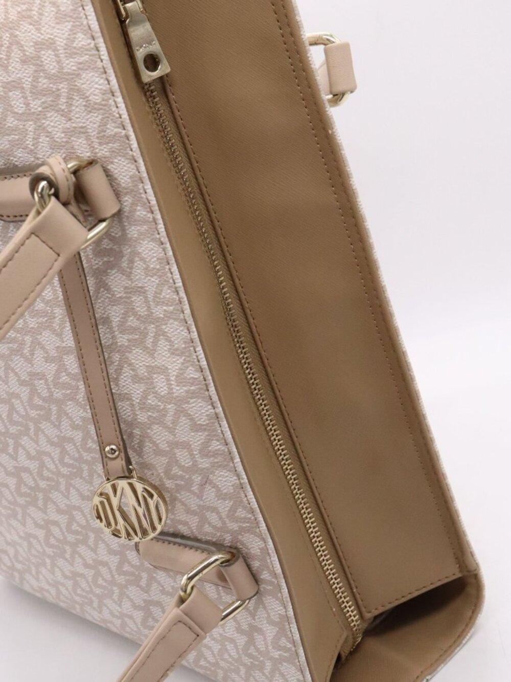 DKNY Tan / Cream Monogram Logo Satchel Tote Gold Hardware Shoulder Bag - Picture 10 of 16